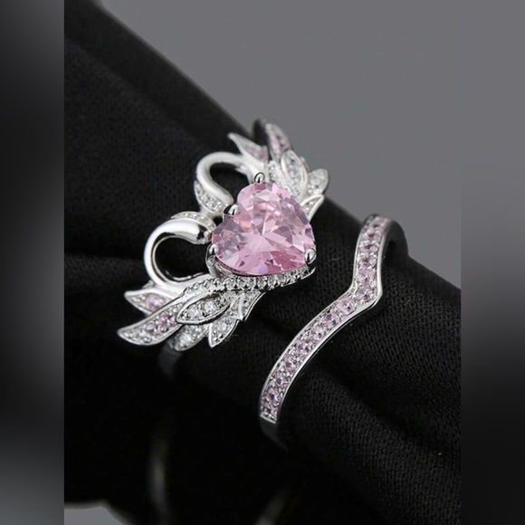 Pink Heart & Doves Ring & Band Set. - Picture 6 of 8